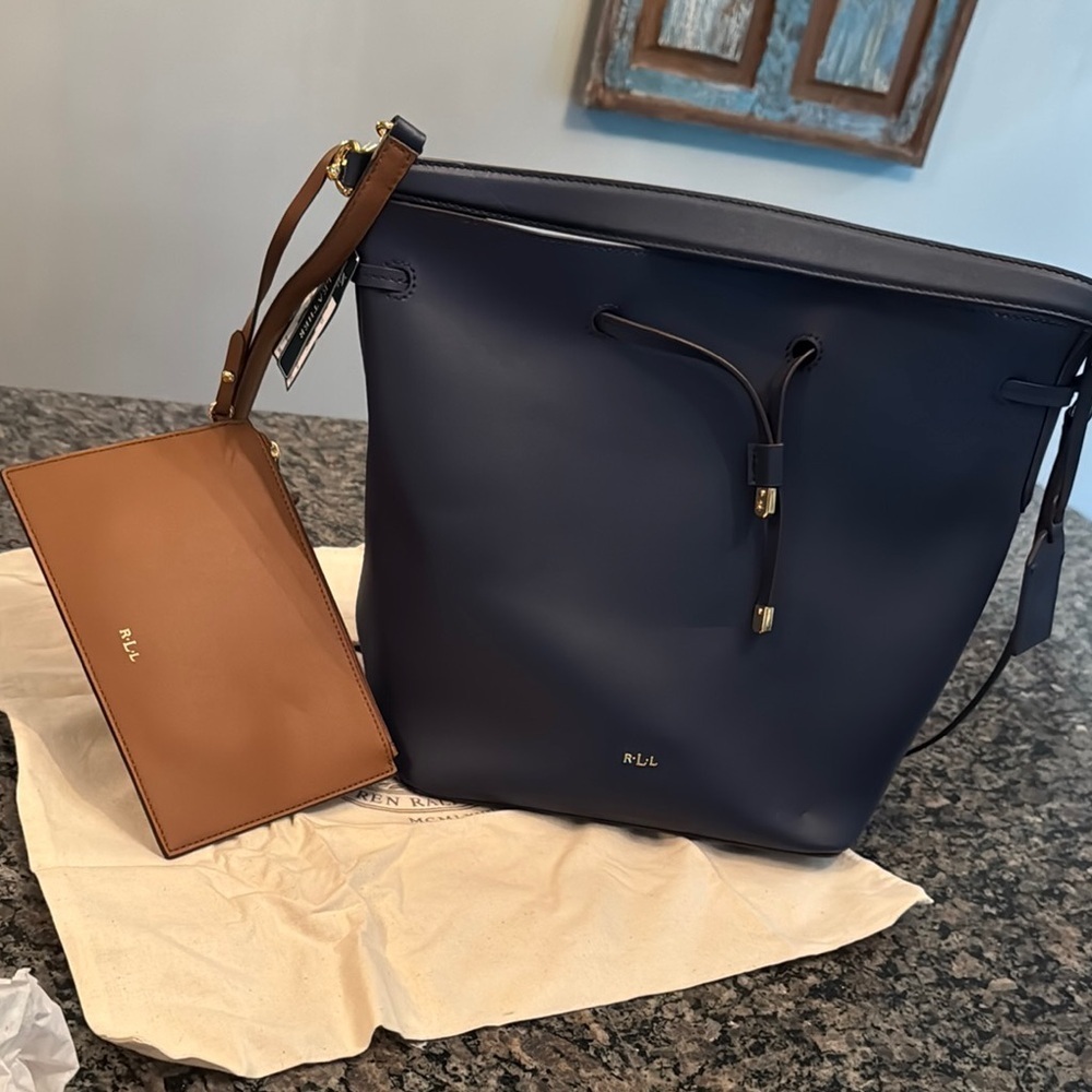 Ralph Lauren Marine Blue Dryden Debby leather Med Bucket Bag adj Strap NWT - Picture 9 of 15